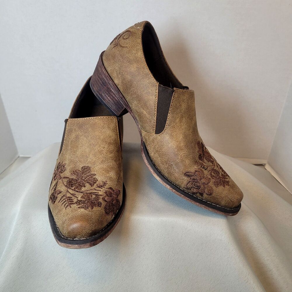 Roper Leather Floral Ankle Boots Shoes Women's Size 8 Brown Snip Toe Western